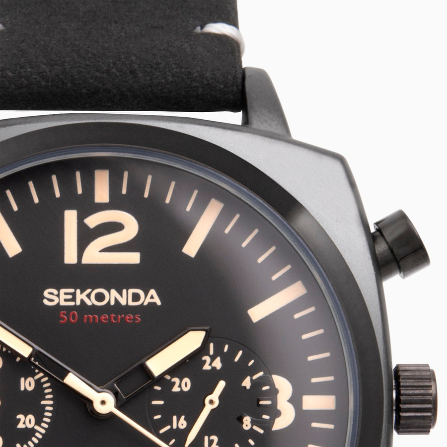 Sekonda Airborne Men's Chronograph Watch | Black Case & Leather Strap with Black Dial