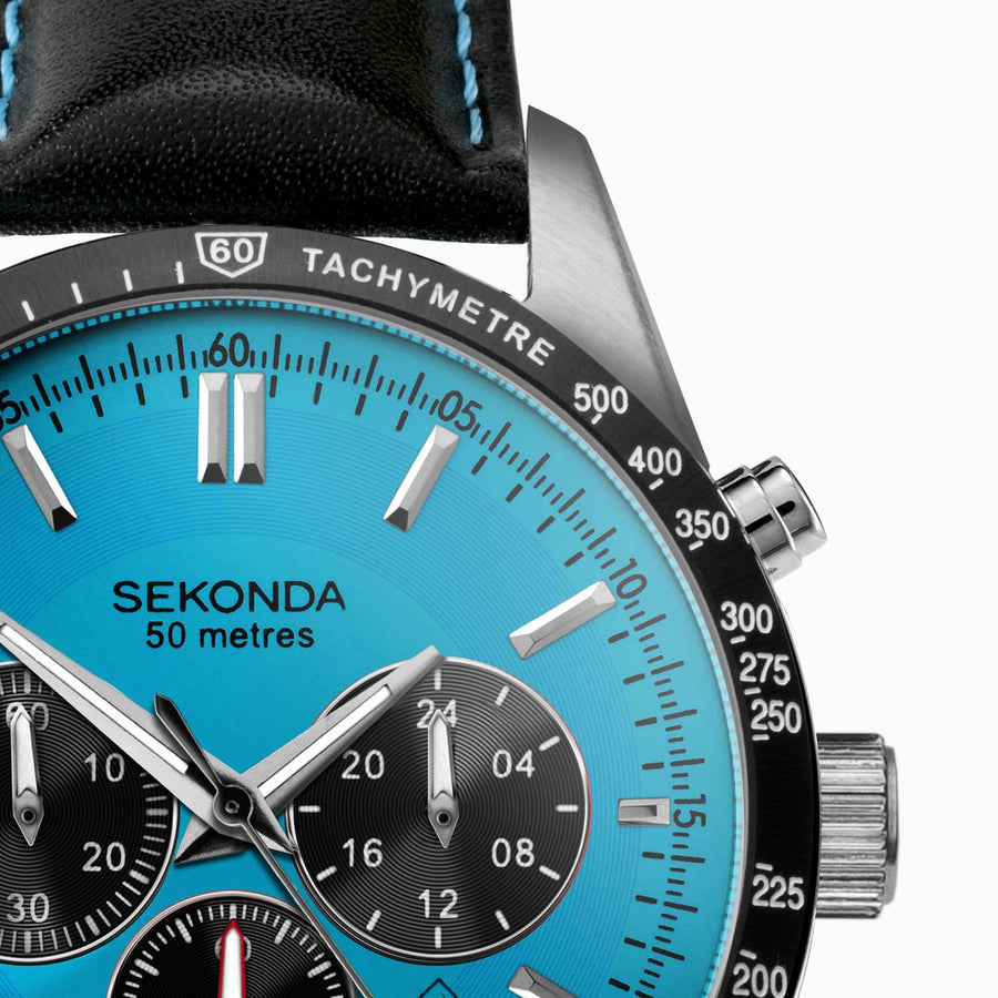 Sekonda Velocity Men's Chronograph | Stainless Steel Case & Black Leather Strap with Blue Dial