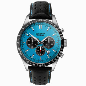 Sekonda Velocity Men's Chronograph | Stainless Steel Case & Black Leather Strap with Blue Dial