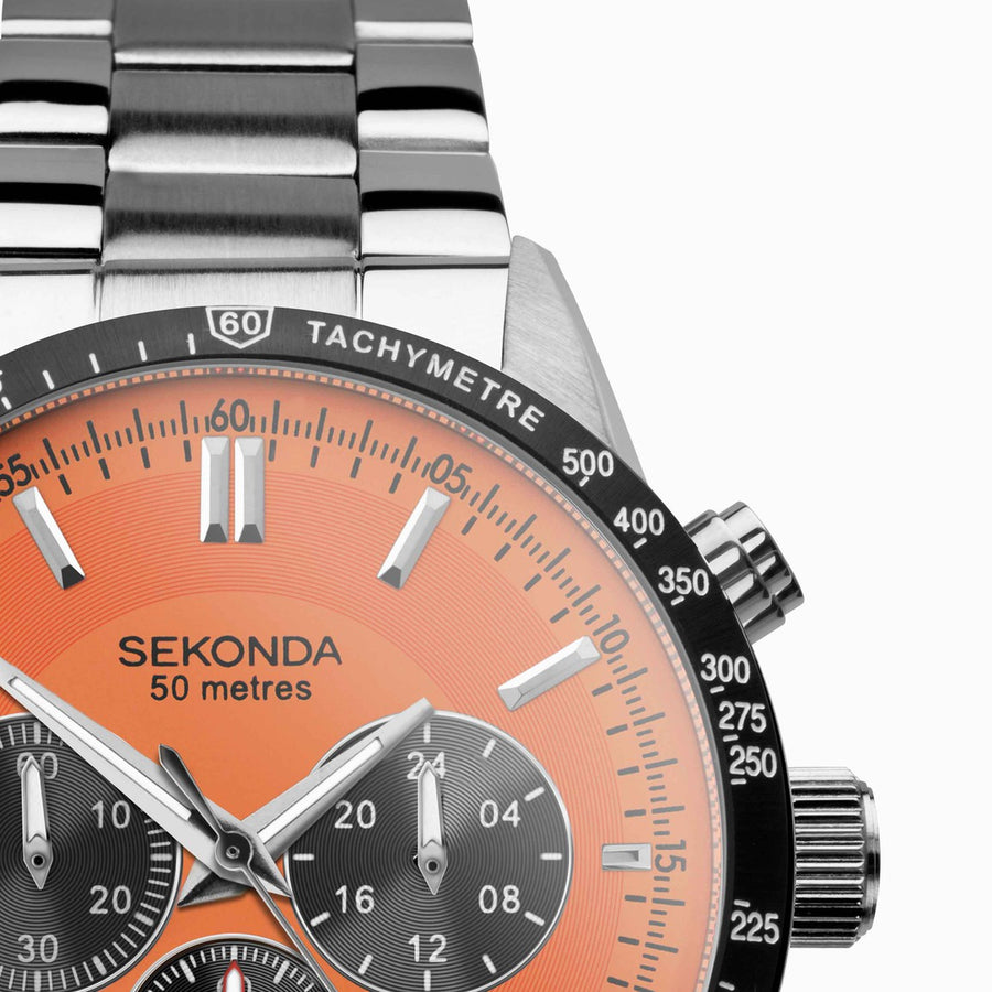 Sekonda Velocity Men's Chronograph | Stainless Steel Case & Bracelet with Orange Dial