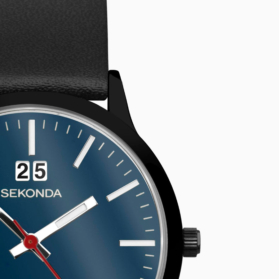 Sekonda Nordic Men's Watch | Black Case & Leather Strap with Blue Dial