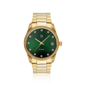 WATCH AURORA - GOLD PLATED STAINLESS STEEL WITH SILVER GREEN DIAL AND WHITE ZIRCONIA
