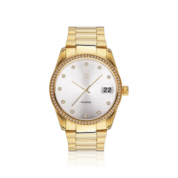 WATCH ELECTRA - GOLD PLATED STAINLESS STEEL WITH SILVER SUNRAY DIAL AND WHITE ZIRCONIA