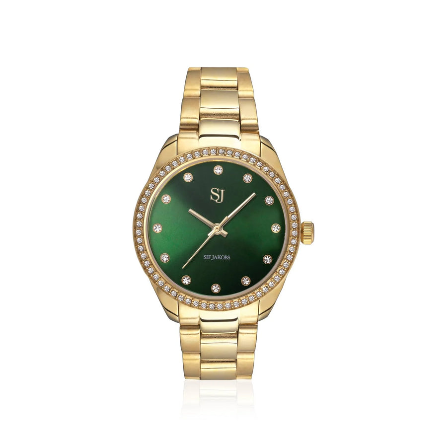 WATCH VALERIA - GOLD PLATED STAINLESS STEEL WITH GREEN SUNRAY DIAL AND WHITE ZIRCONIA