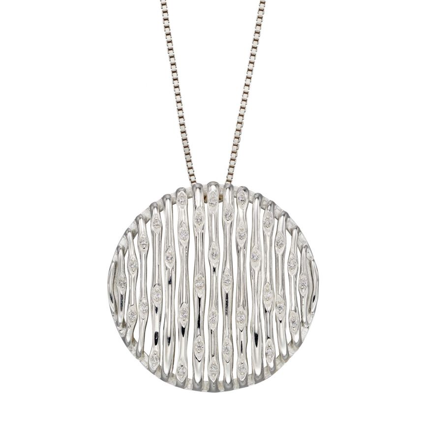 silver Bamboo Stem Round Pendant With CZ