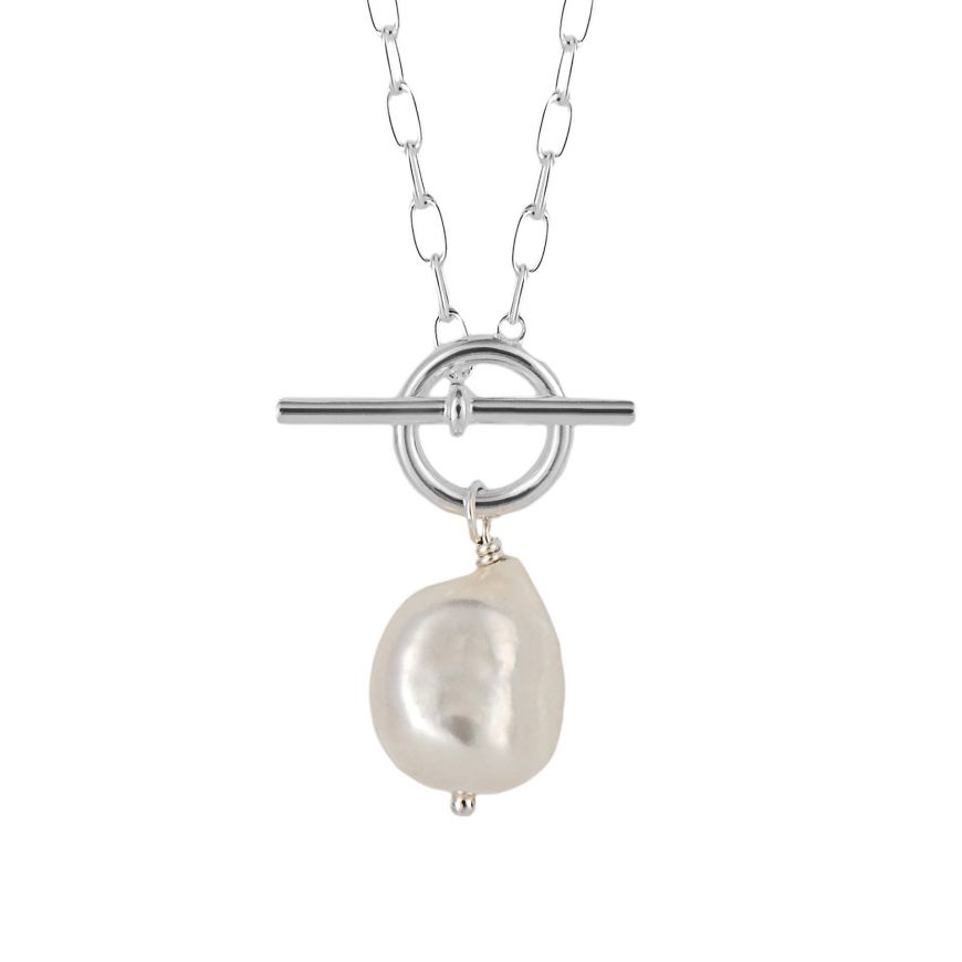 T-Bar Chain Necklace With White Pearl