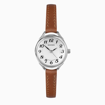 Sekonda Ladies Watch | Silver Case & Brown Leather Strap with White Dial