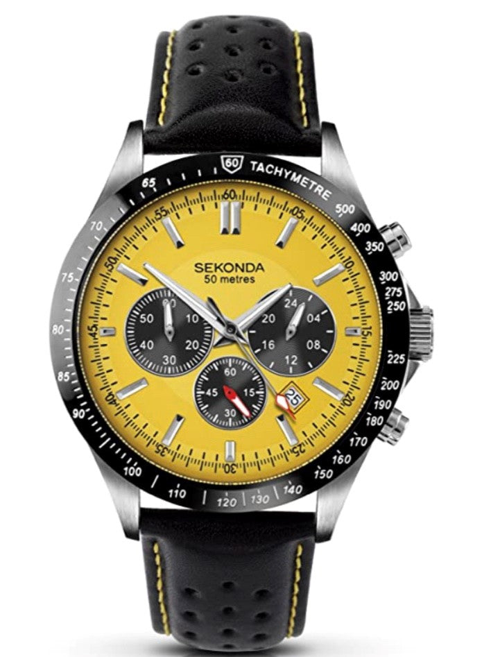 Sekonda Men's Quartz Watch with Yellow Dial and Black Leather Strap
