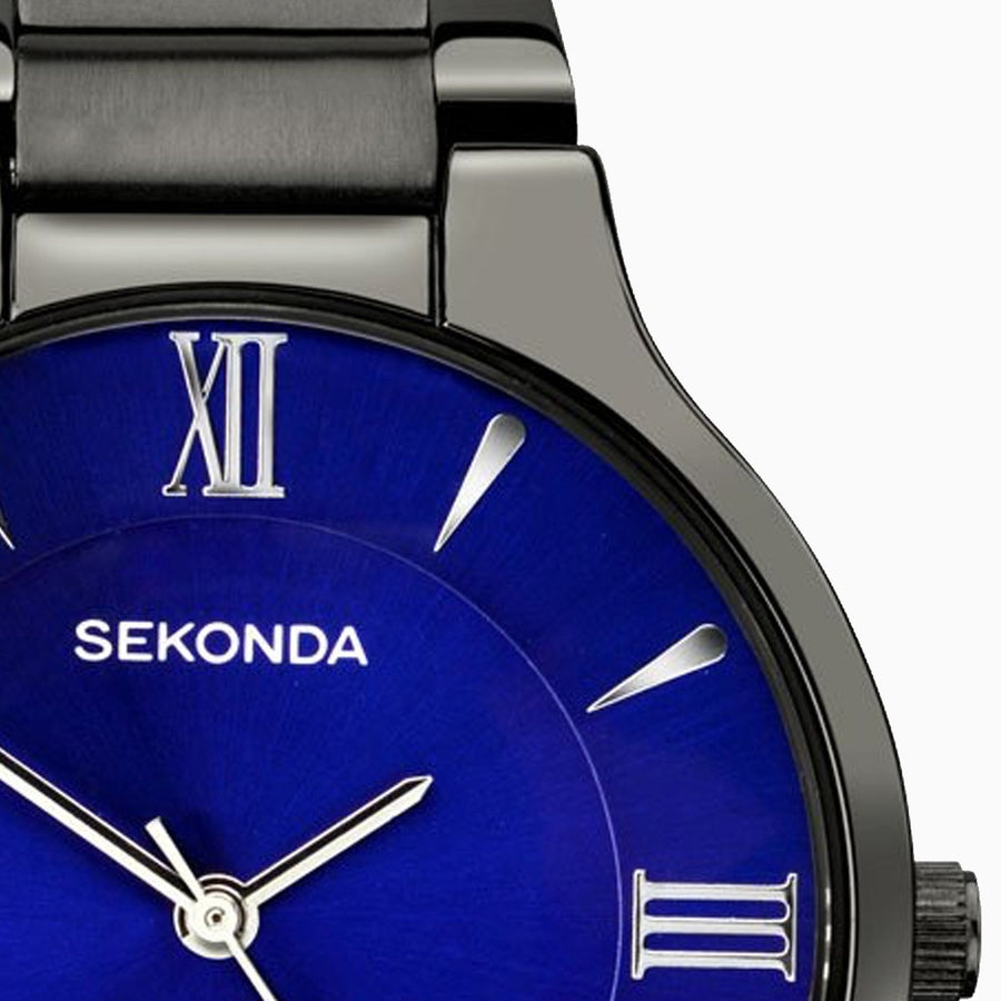 Sekonda Men's Watch | Gun Metal Case & Stainless Steel Bracelet with Blue Dial