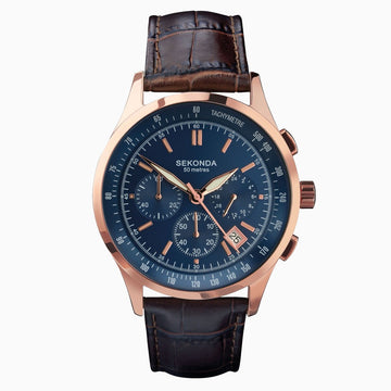 Sekonda Men's Watch | Rose Gold Case & Leather Strap with Blue Dial