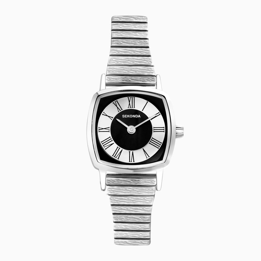 Sekonda 1970s Ladies Watch | Silver Case & Bracelet with Black Dial