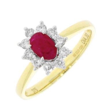 9ct yellow gold ruby & diamond cluster ring