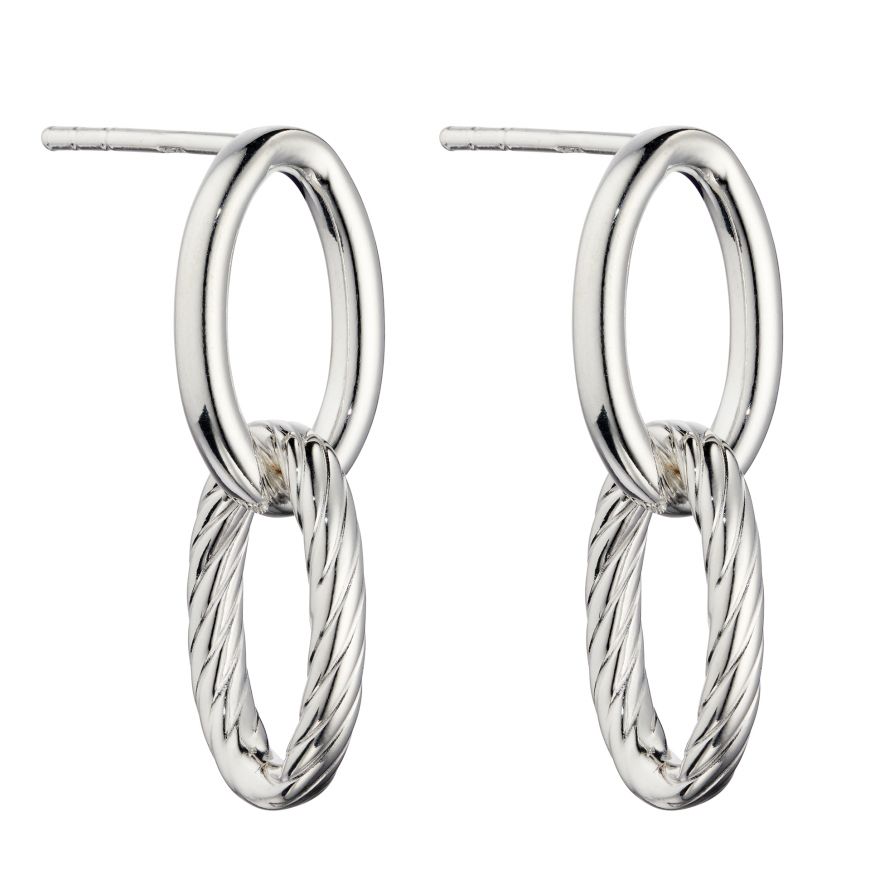 Silver Textured Double Link Chain Drop Earrings
