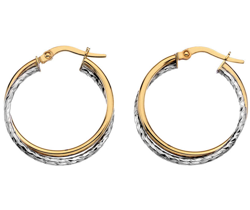 9ct yellow & White crossover hoop earrings