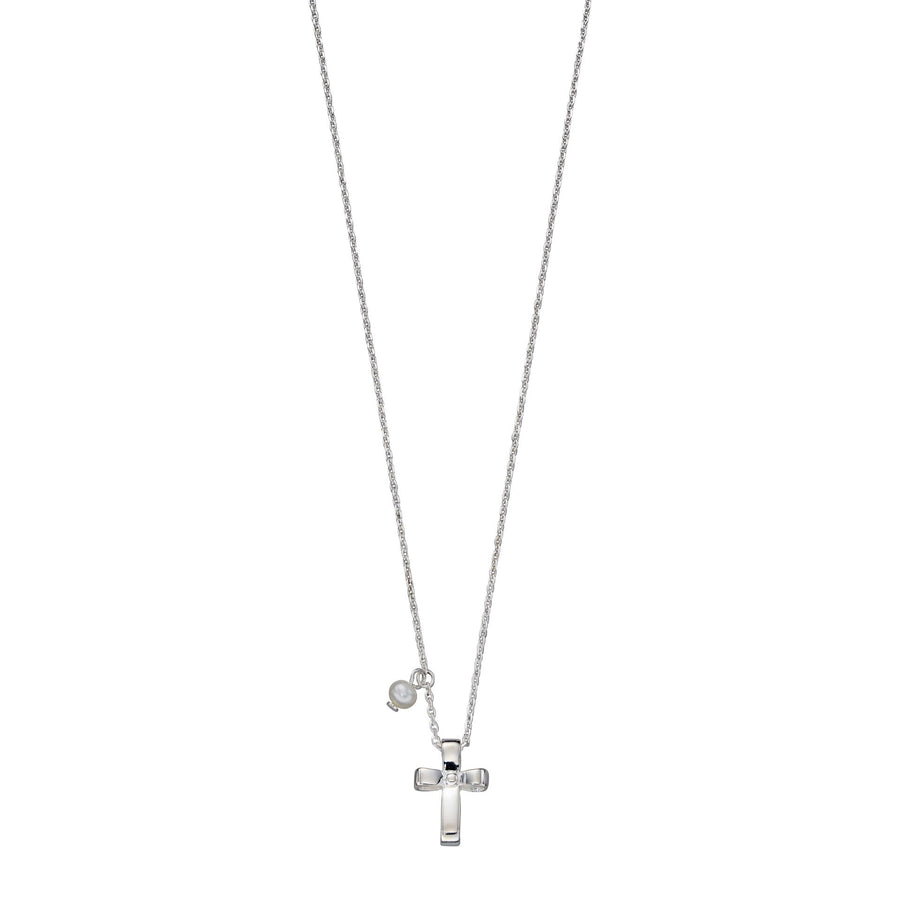 silver Ribbon Effect Cross Necklace With Pearl