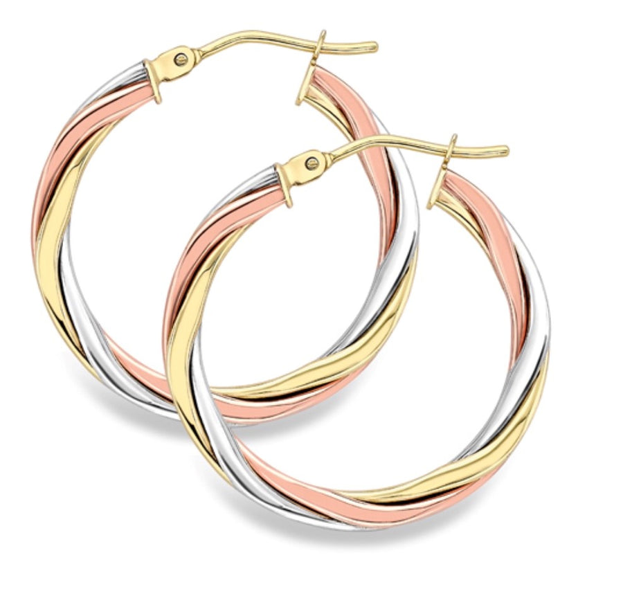 9ct three colour gold hoops