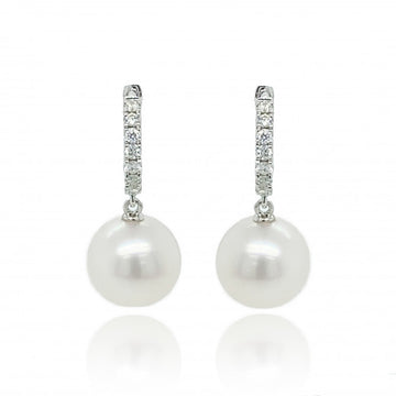 9ct White Gold Diamond & Culture Pearl Huggy Earrings