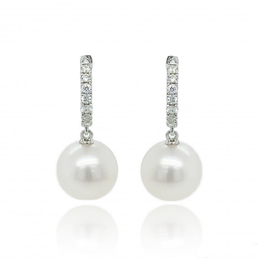 9ct White Gold Diamond & Culture Pearl Huggy Earrings